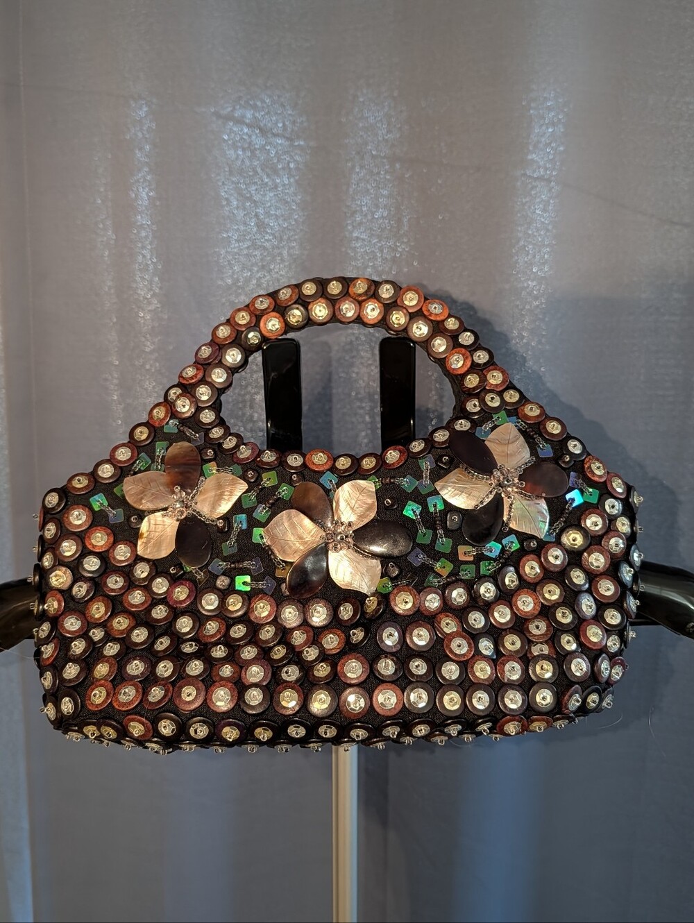 Embellished Floral Handle Bag in Black and Gold